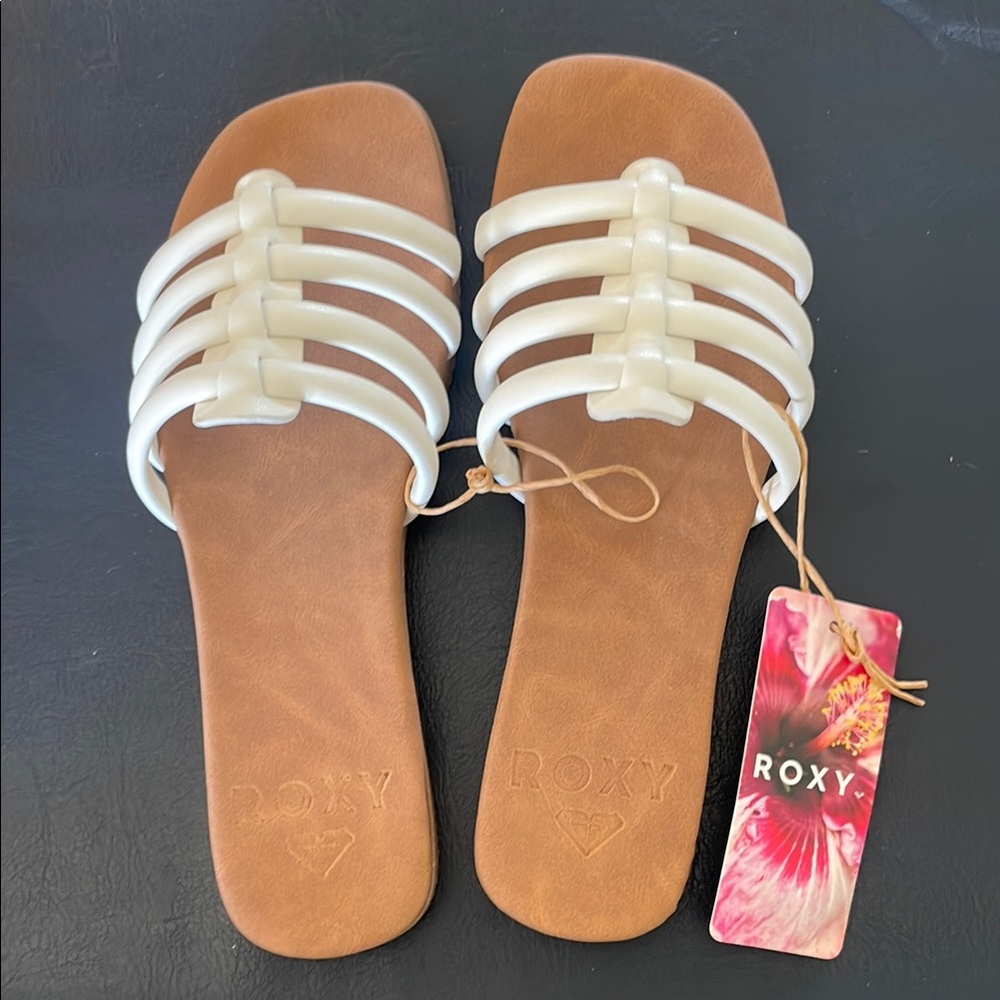 Roxy White and Tan Sandals with Caged Straps